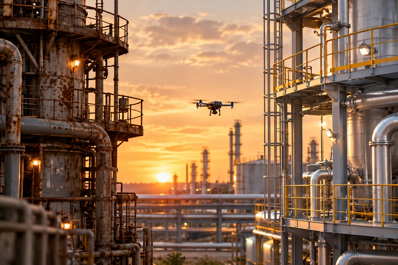 Ispezioni con drone industriale a confronto su una struttura in due condizioni operative