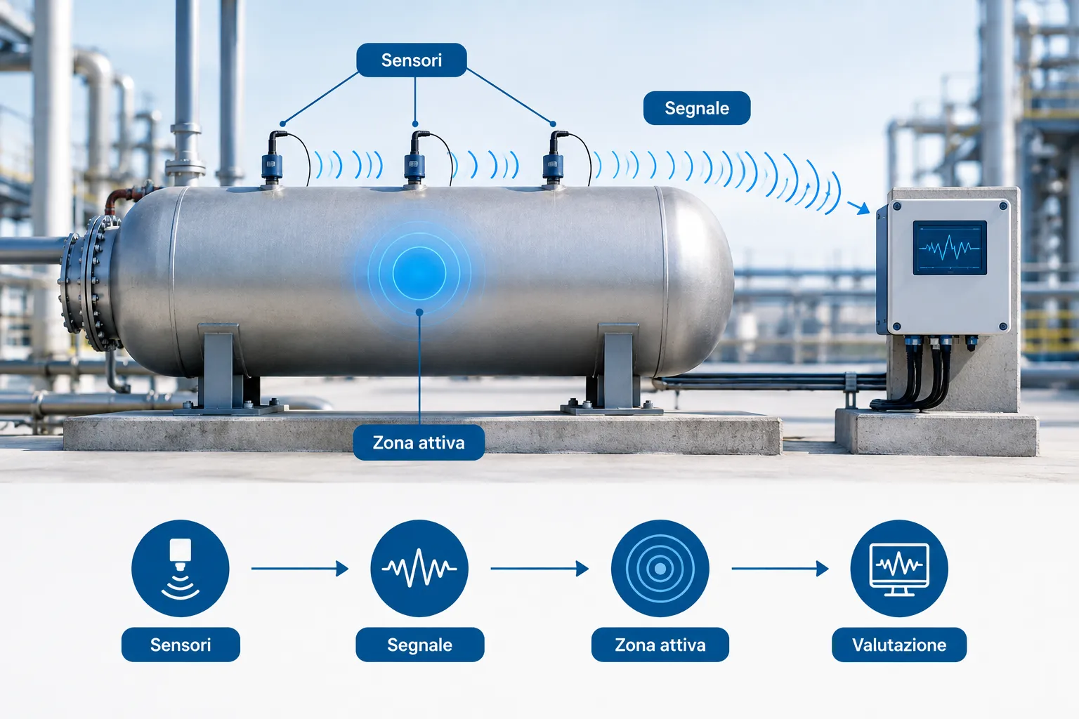 Schema del monitoraggio con emissioni acustiche su una struttura industriale