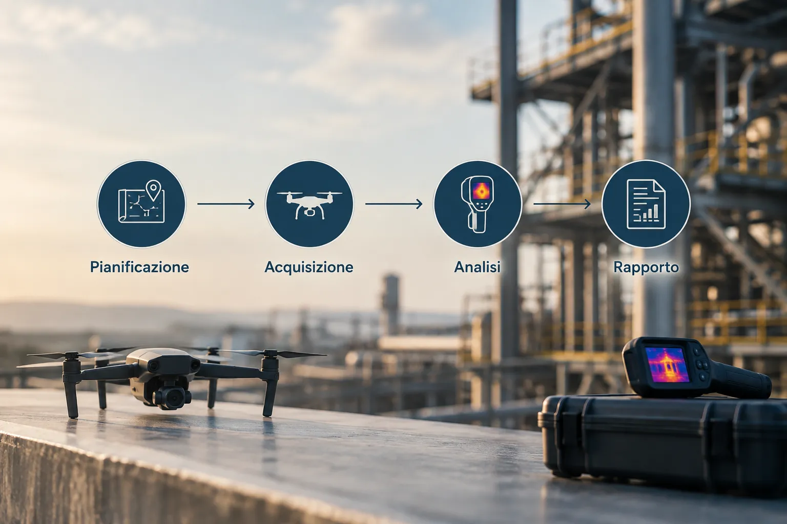 Schema del flusso operativo di un’ispezione con drone industriale